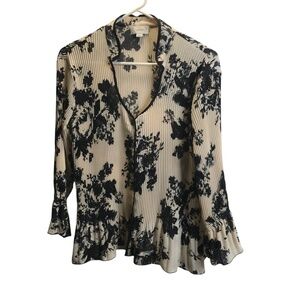 Women's Pleated Black and Beige Polyester Floral Blouse Large